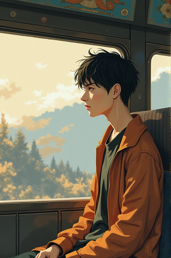 I want an image of a young man traveling on a bus. Okay, I need you to understand that there will be several, so keep the same character, okay?? I want the image of the following description traditional anime impressionist painting Japanese handmade design.