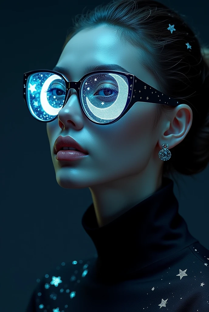 The model is wearing glass sunglasses with stars and the moon on the glass