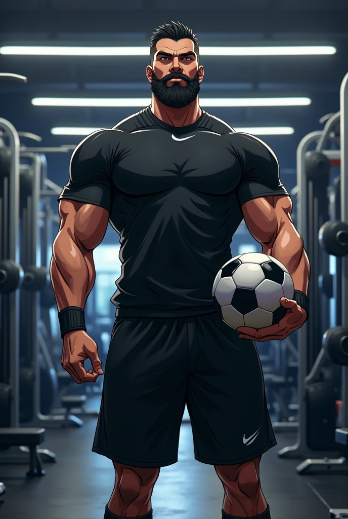 a man wearing black pants and shirt with a black beard,standing in front of fitness equipment inside a shop, looking ahead, holding a soccer ball, anime style, photorealistic, dynamic lighting, highly detailed, 8k, best quality