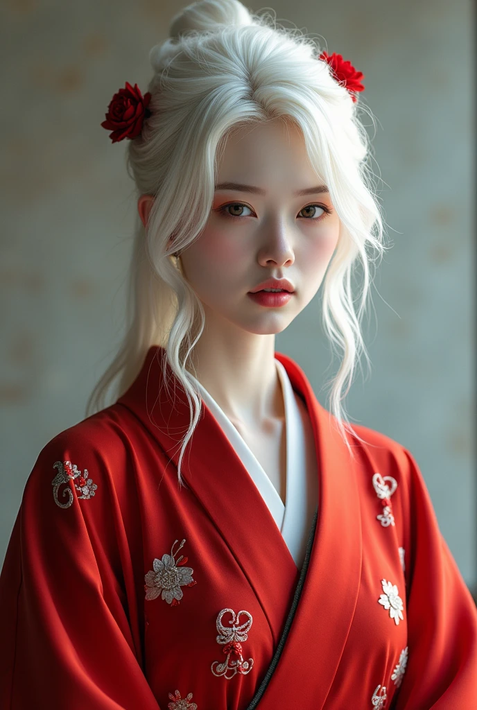 Japanese woman red clothes white hair