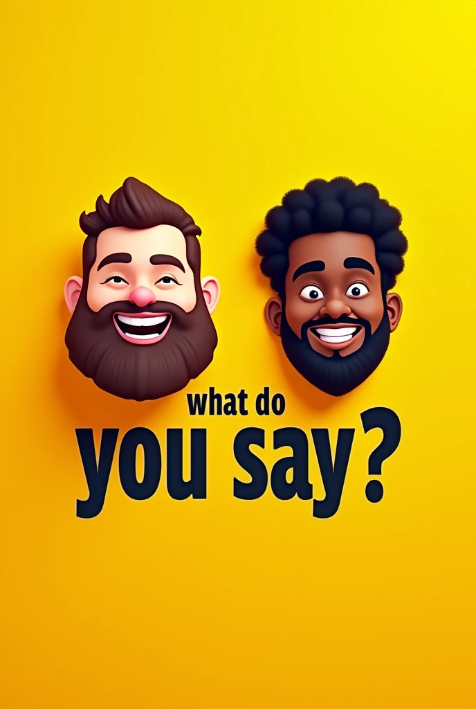 Create a yellow background flayer where a black text appears that says What do you say?? And only the disembodied face of a fat guy with a beard smiling and a skinny dark-skinned guy without a beard smiling come out and they come out looking forward in a 2D cartoon style with the school style of nothing
