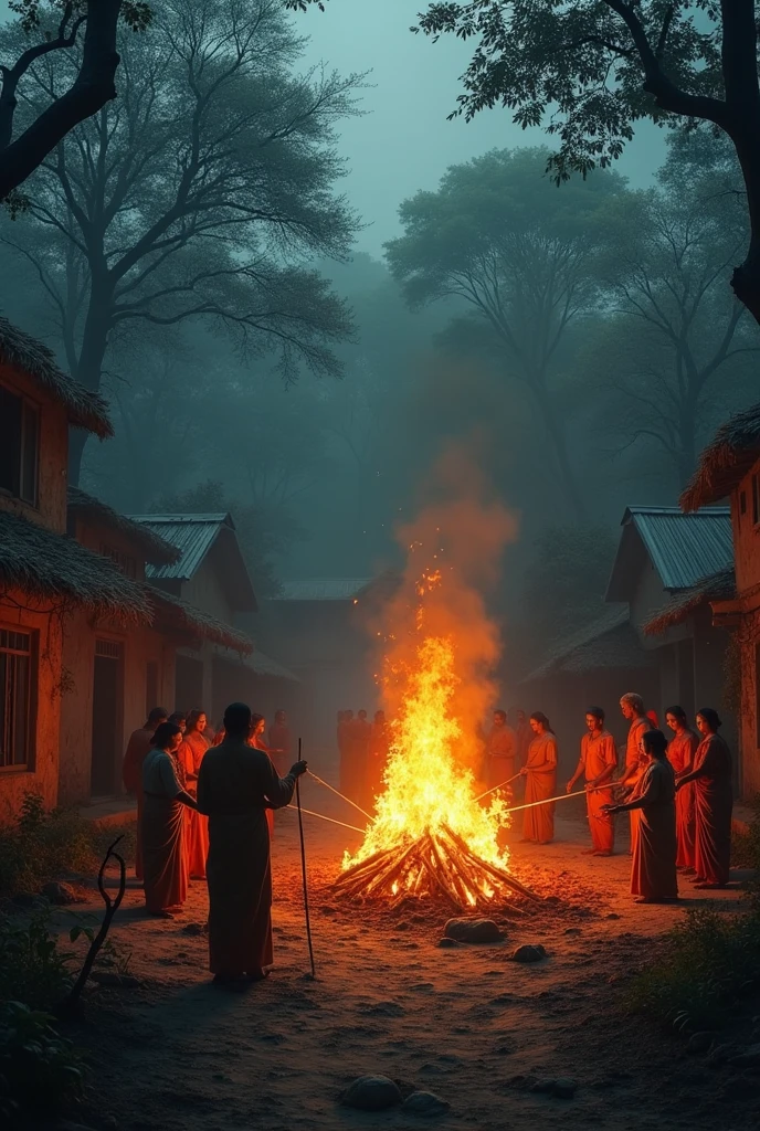 Create a picture of Indian village with houses covered with dense forest. All women and mens of the village are performing the burning ritual of dead person 