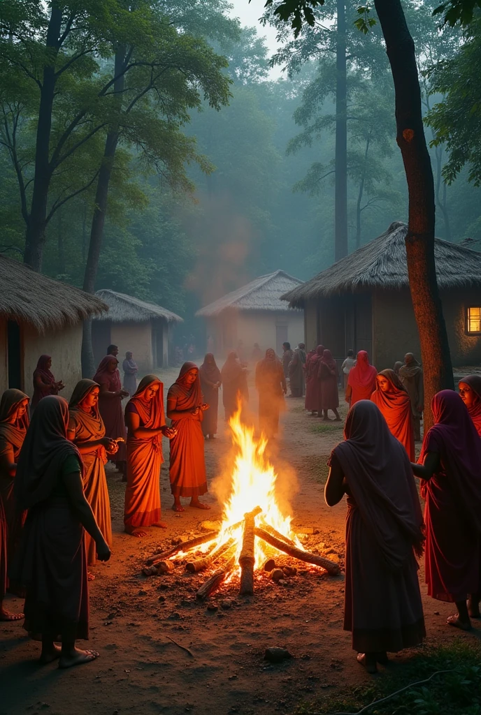 Create a picture of Indian village with houses covered with dense forest. All women and mens of the village are performing the burning ritual of dead person