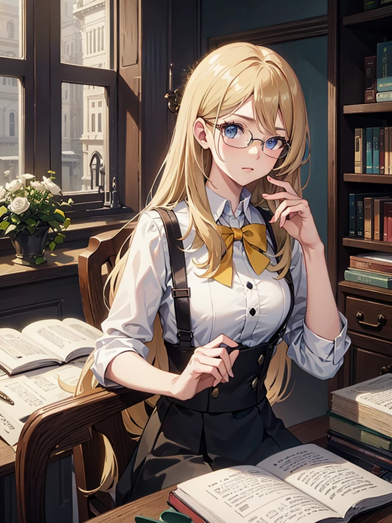 alone, One girl, masterpiece, Highest quality, Very detailed, Cinema Lighting, Intricate details, High resolution, Official Art, Beautifully detailed face and eyes, High resolutionのイラスト, 8k, Dark intense shadows, Exposure, [Blonde/Brown Hair], Single Blade, blue eyes, Glasses, Conceit, Sitting in a chair, Upper Body, Large Breasts, White shirt, Yellow suspenders, Book_stack, library, ((vine)), Rose, Looking at the audience