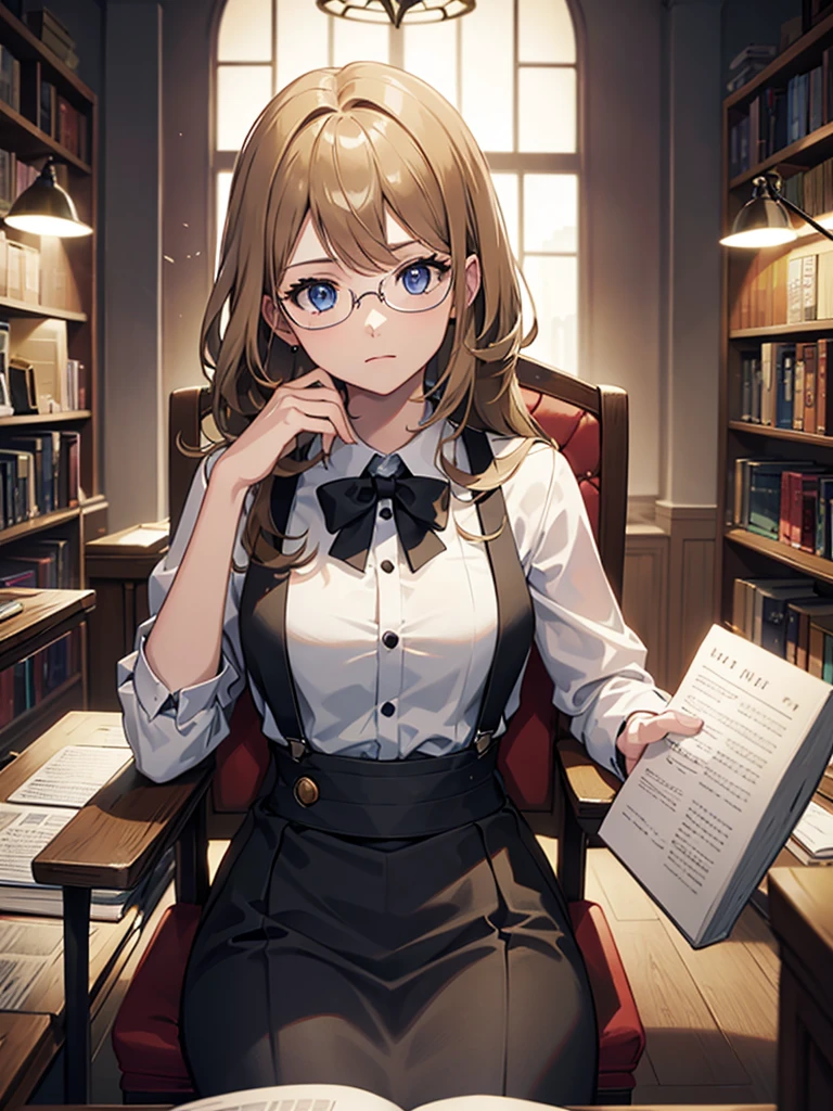 alone, One girl, masterpiece, Highest quality, Very detailed, Cinema Lighting, Intricate details, High resolution, Official Art, Beautifully detailed face and eyes, High resolutionのイラスト, 8k, Dark intense shadows, Exposure, [Blonde/Brown Hair], Single Blade, blue eyes, Glasses, Conceit, Sitting in a chair, Upper Body, Large Breasts, White shirt, Yellow suspenders, Book_stack, library, ((vine)), Rose, Looking at the audience