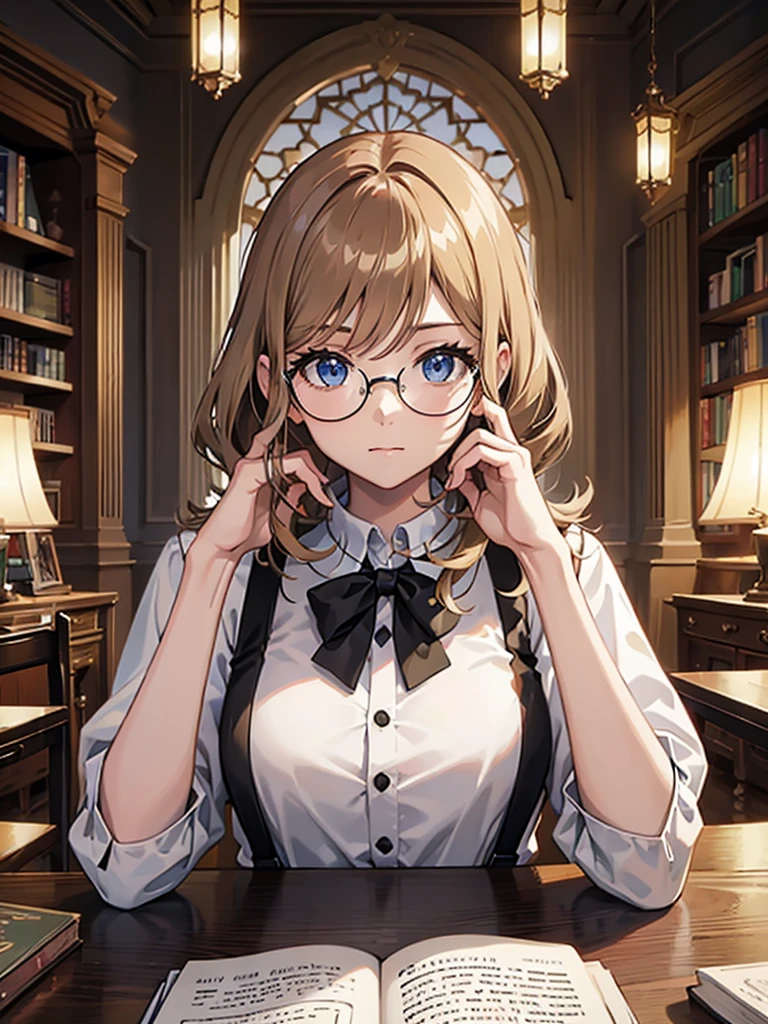 alone, One girl, masterpiece, Highest quality, Very detailed, Cinema Lighting, Intricate details, High resolution, Official Art, Beautifully detailed face and eyes, High resolutionのイラスト, 8k, Dark intense shadows, Exposure, [Blonde/Brown Hair], Single Blade, blue eyes, Glasses, Conceit, Sitting in a chair, Upper Body, Large Breasts, White shirt, Yellow suspenders, Book_stack, library, ((vine)), Rose, Looking at the audience