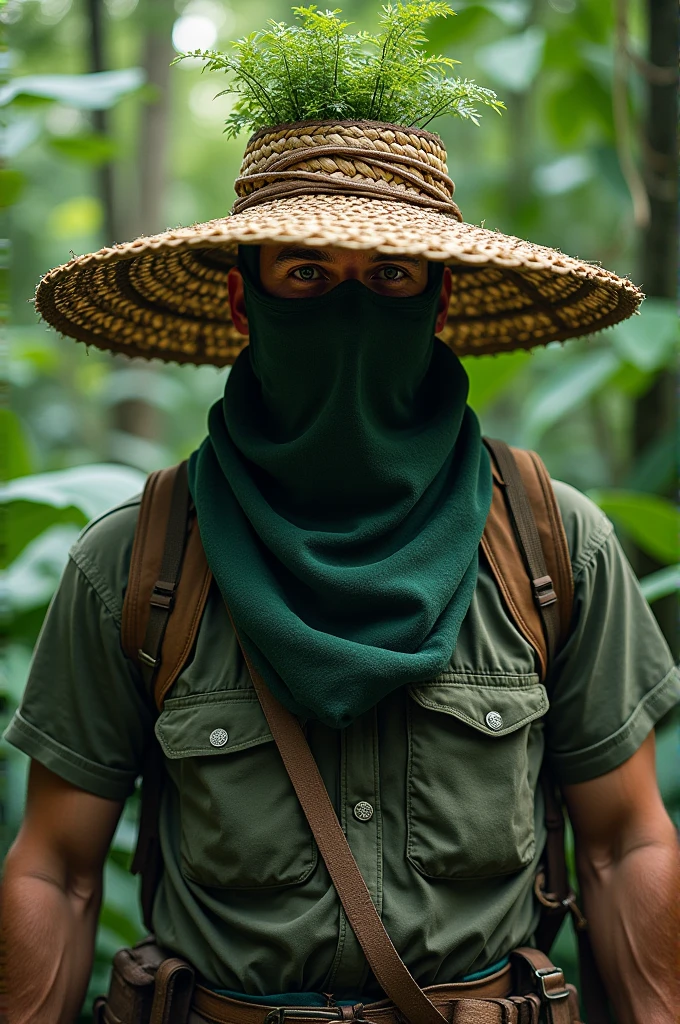 A strong man with a cloth mask covering his entire face and a straw hat with a plant in the hat to camouflage himself