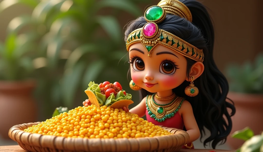 Aztec princess character wearing Aztec warrior attire, wearing emerald and ruby jewelry, cute, smiling, highly detailed, polished, 40k gold and silver. in front of a basket full of corn kernels and eating corn tortilla tacos. avocado tomato chili