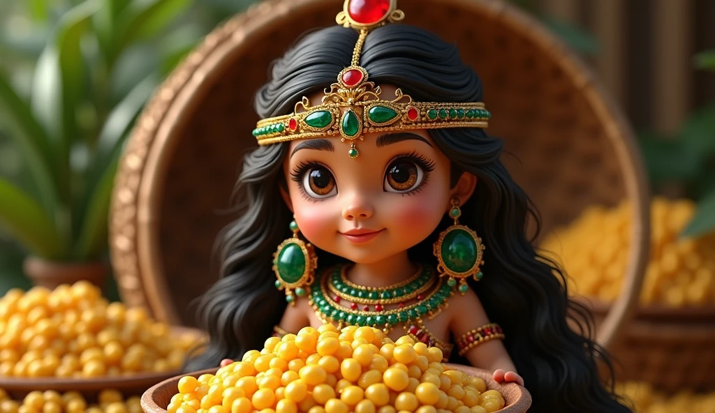 Aztec princess character wearing Aztec warrior attire, wearing emerald and ruby ​​jewelry, cute, smiling, highly detailed, polished, 40k gold and silver. in front of a basket full of corn kernels and eating corn tortilla tacos. avocado tomato chili