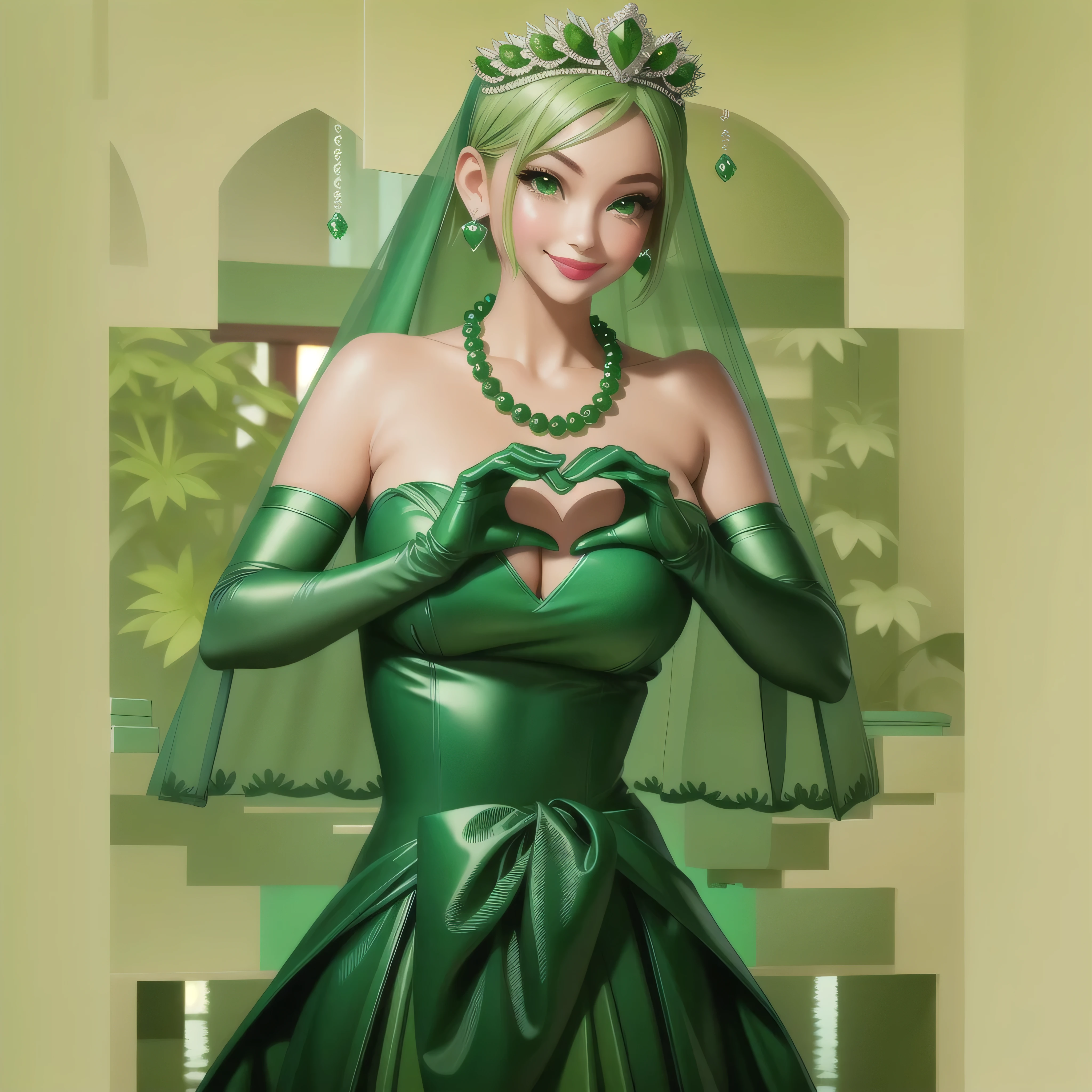 Emerald tiara, Green Pearl Necklace, Boyish very short green hair, Green Lips, Smiling Japanese woman, Very short hair, Busty beautiful lady, Green Eyes, Green satin long gloves, Green Eyes, Emerald Earrings, Green veil, Heart with both hands, Green Hair, Beautiful Japanese Women, Heart shaped hands:1.3, green lip gloss