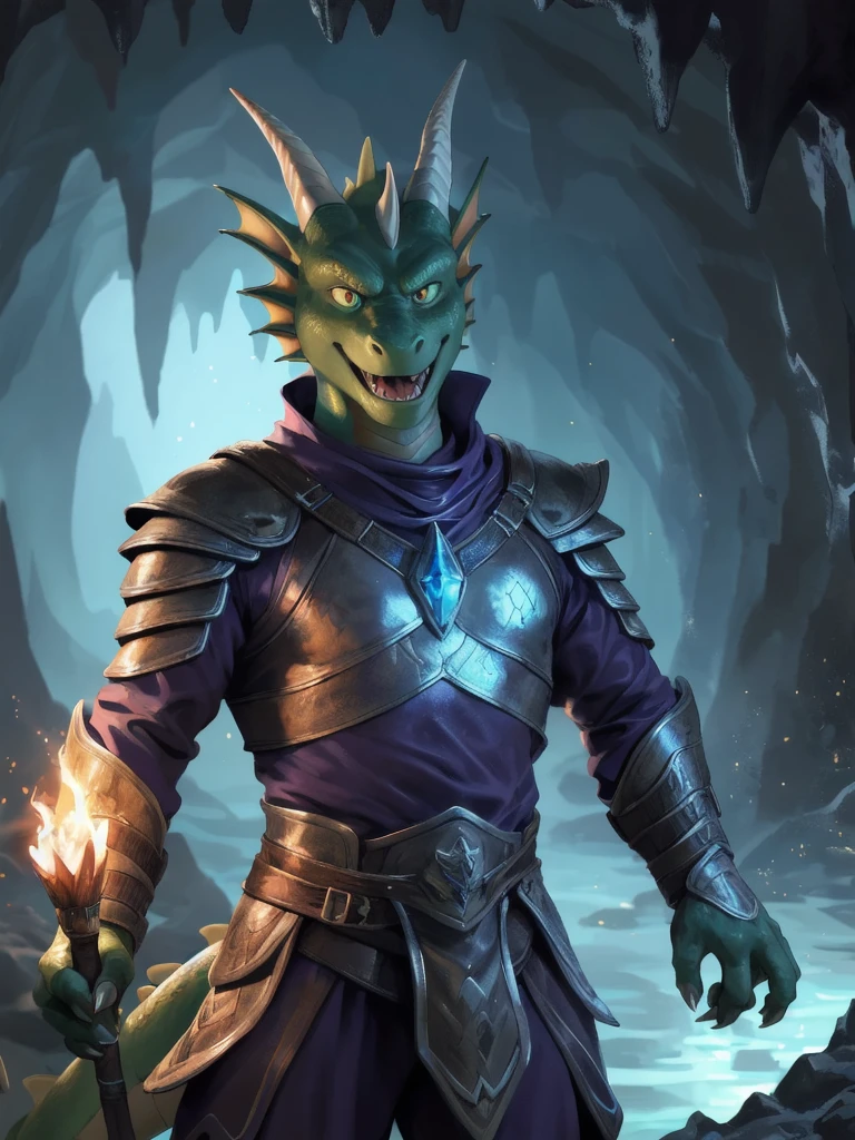 solo, male, adventurer, (male anthro dragon:1.3), (green body:1.1), yellow belly, (standing:1.3), (kemono:1.2), (cave:1.23), (leather armor), (excited:1.3), open mouth,  ,detailed eyes, dragon tail, horn, (bust portrait), (detailed eyes), (indoors:1.35), crystal, torch, smoke, dnd, (dark:1.4), (particles ,firefly, blue glowing:1.3), detailed background, 8k hd, (dark shadows, wide dynamic range, hdr, low light:1.2), by Pino Daeni, canyne khai, milkytiger1145, (bara), [dagasi, yupa], (((detailed eyes)))