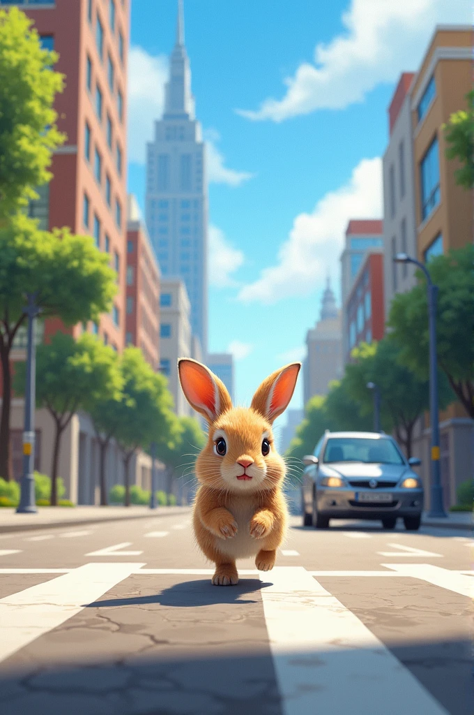 small rabbit is running in beautiful city and car drive
