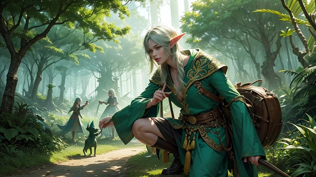 A magical jungle full of ((Magical elven creatures)) 鬱蒼としたwood々Running between, またはブドウのwoodの保持, Fun color palette, dream-like, Essential, Very detailed. wood々Light coming in from between.