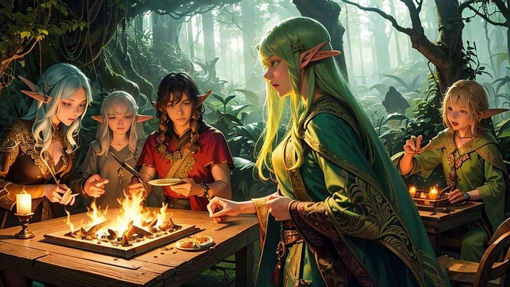 A dark elf, with a background full of marijuana leaves and marijuana flowers, and a distant gnome of her smoking in a pipe with red eyes.
