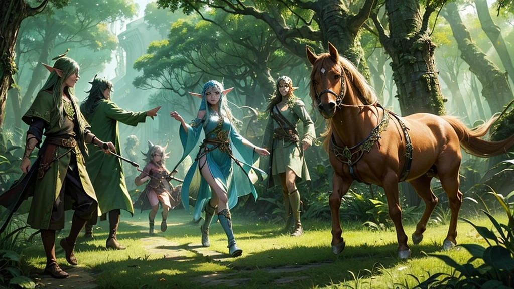 A magical jungle full of ((Magical elven creatures)) 鬱蒼としたwood々Running between, またはブドウのwoodの保持, Fun color palette, dream-like, Essential, Very detailed. wood々Light coming in from between.