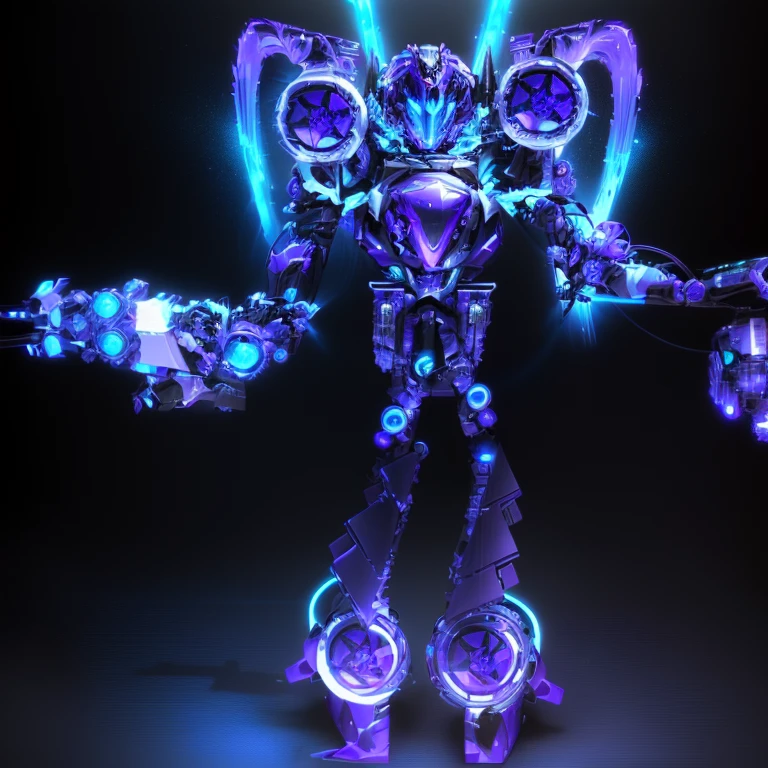 There is a robot,The body is blue and purple,The head is blue and purple, Anime robot mixed with organic, This character has the ability to freeze, Cute and exquisite epic robot, mechanized artistic concept, mechanical, Transformers toys, Transformers movie style technology, Detailed cosmic angel robot, cybertronian, Colorful muscular robot, Kitong ancient biochemical warrior