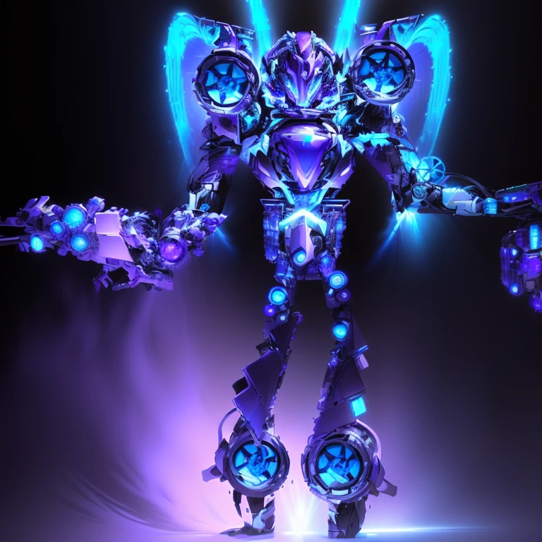 There is a robot,The body is blue and purple,The head is blue and purple, Anime robot mixed with organic, This character has the ability to freeze, Cute and exquisite epic robot, mechanized artistic concept, mechanical, Transformers toys, Transformers movie style technology, Detailed cosmic angel robot, cybertronian, Colorful muscular robot, Kitong ancient biochemical warrior