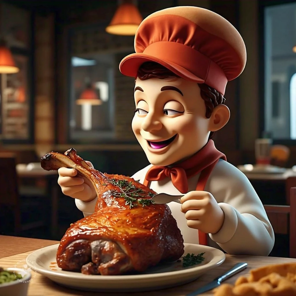 Create me a character like the one from Little Caesars in 2D but eating roast beef and looking a little more Mexican