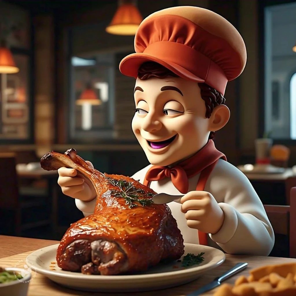 Create me a character like the one from Little Caesars in 2D but eating roast beef and looking a little more Mexican