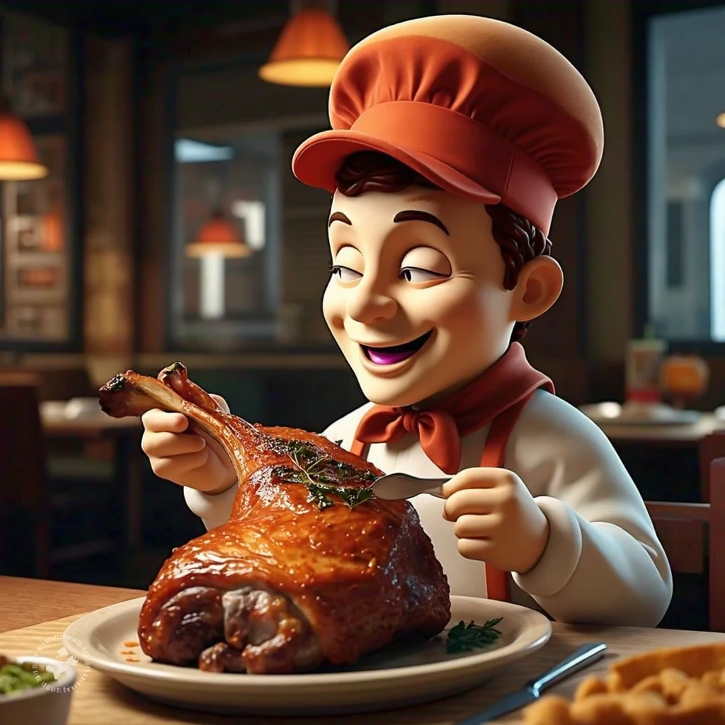 Create me a character like the one from Little Caesars in 2D but eating roast beef and looking a little more Mexican