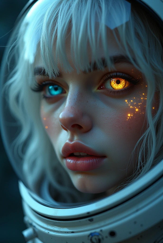 (Close-up of a better masterpiece:1.5)0.9], (Space and astronauts:1.2) (Messy silver hair:1.1) (Heterochromia xanthochromia and blue eyes:1.2) (Space Helmet:1.0) (Colored stars in the eyes:1.0) (A radiant glow:1.1) (thick lips:0.9)