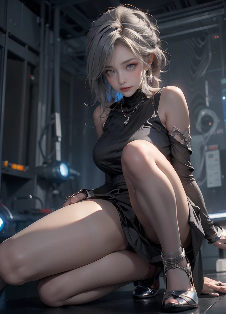 masterpiece,Game Art,Best picture quality,Maximum resolution,8k,(Upper Body),Unreal Engine 5 rendering works,(Digital Photography),(The girl looks at you lovingly,The smile is beautiful),Short hair details,(The eyes are very delicate),(With long gray hair:1.4),(Perfect body),(Bright dress,Black high heels,White cotton socks),(background:Roof side),light,night,Ray Tracing,RAW photos,((3D Unreal Engine)),OC rendering reflection mode