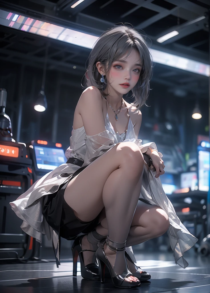 masterpiece,Game Art,Best picture quality,Maximum resolution,8k,(Upper Body),Unreal Engine 5 rendering works,(Digital Photography),(The girl looks at you lovingly,The smile is beautiful),Short hair details,(The eyes are very delicate),(With long gray hair:1.4),(Perfect body),(Bright dress,Black high heels,White cotton socks),(background:Roof side),light,night,Ray Tracing,RAW photos,((3D Unreal Engine)),OC rendering reflection mode