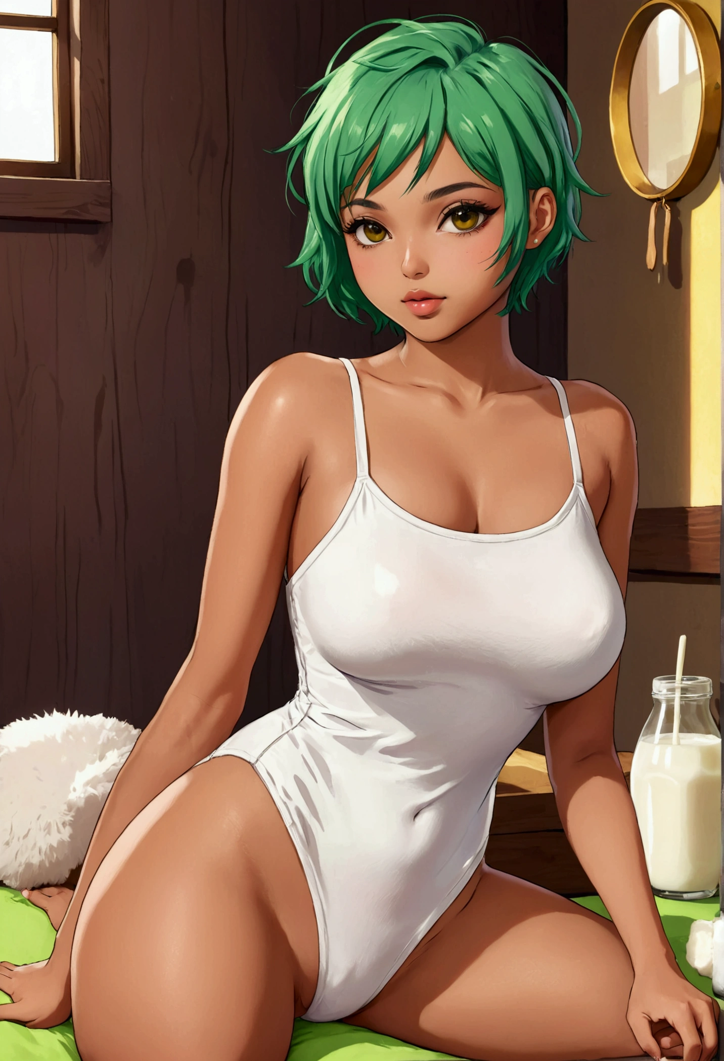 Fuu is a sexy teenager with short green hair, brown skin, honey-colored eyes, height 165, she is beautiful and also has a huge ass of 110 centimeters as well as her tits, she has the adomen, thin legs and arms, she loves milk