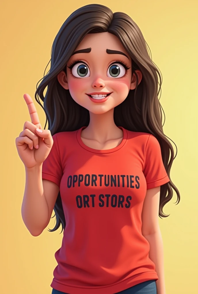 Create a student with a red t-shirt and that shirt has in black letters that say Opportunities with a raised finger as if an idea had occurred to her, that it be animated as a cartoon 
