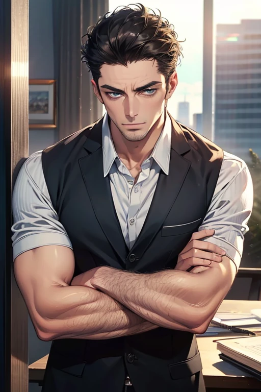 (Best Quality,4k,8k,high resolution,Masterpiece:1.2),ultra detailed,(realist,photorealist,photo-realist:1.37),1 man,31 years,mature man,very handsome,without expresion,muscled body,short gray black hair,Blue eyes,glare,perfect face without mistakes,imposing posture,businessman,office background,cinematic lighting,imagen HDR