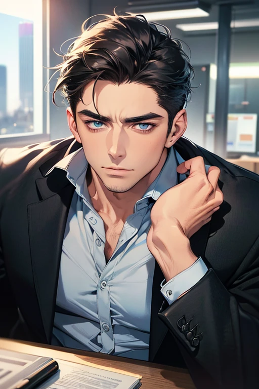 (Best Quality,4k,8k,high resolution,Masterpiece:1.2),ultra detailed,(realist,photorealist,photo-realist:1.37),1 man,31 years,mature man,very handsome,without expresion,muscled body,short gray black hair,Blue eyes,glare,perfect face without mistakes,imposing posture,businessman,office background,cinematic lighting,imagen HDR