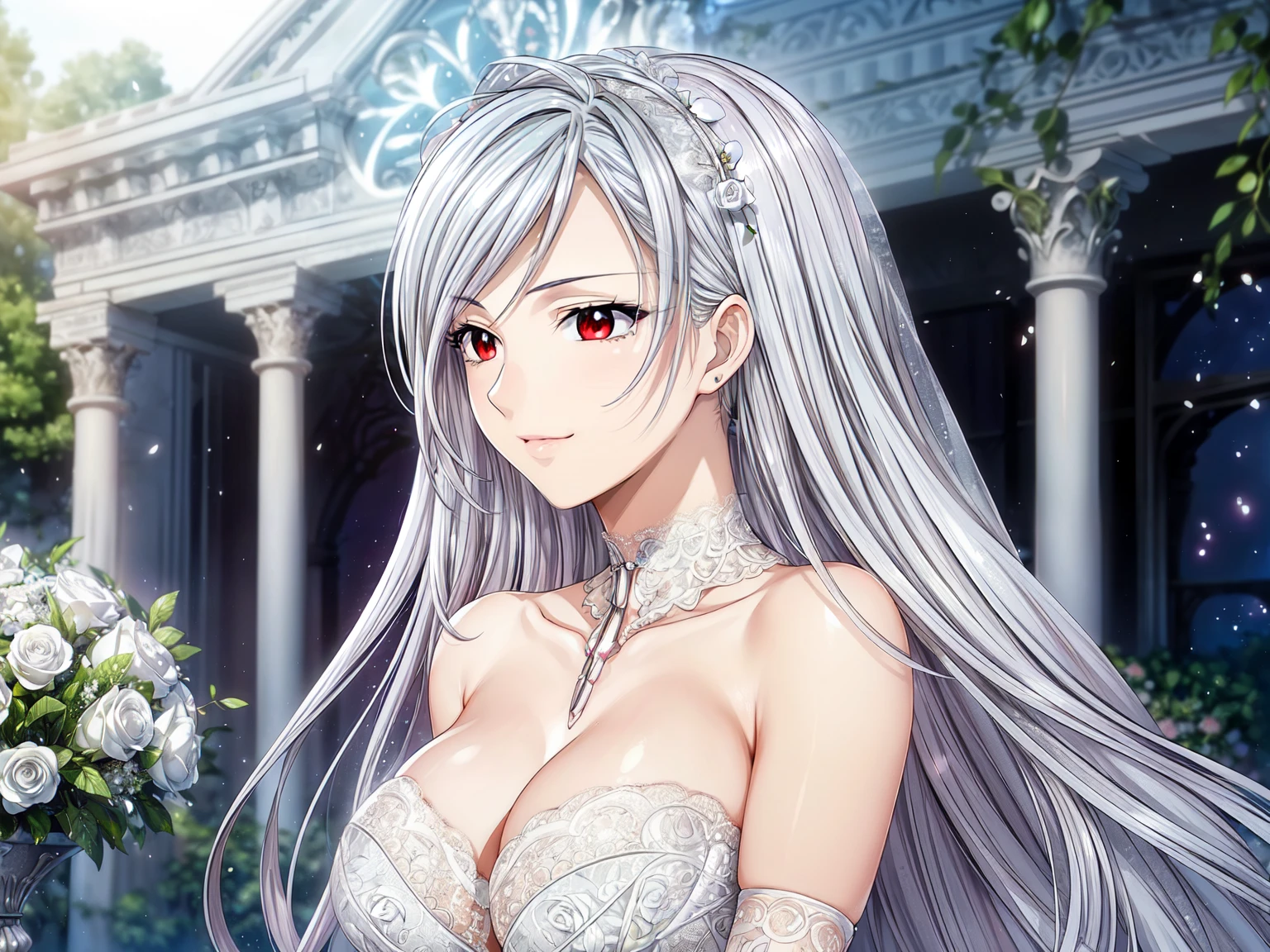 (masterpiece, best quality, beautiful and aesthetic:1.3), look back, side view, 1woman, ((very mature woman)),(30 years old, thirties), solo, light smile,  (Silver  hair streaked white:1.4), (Gradient silver hair ends:1.6), hair strand, absurdly long hair, single sidelock, wavy hair, shiny hair, floating hair, (deep red eyes), delicate eyes, aqua eyes, super high detailed eyes, long upper eyelashes, makeup, Focus on face, Very detailed facial, Pretty Face, Perfect breasts, hot body, (Delicate skin texture:1.2), bridal veil, (Red lace-trimmed dress), see-through, (Red wedding dress), outdoors, white roses, garden, morning, standing, extreme detailed, light smile