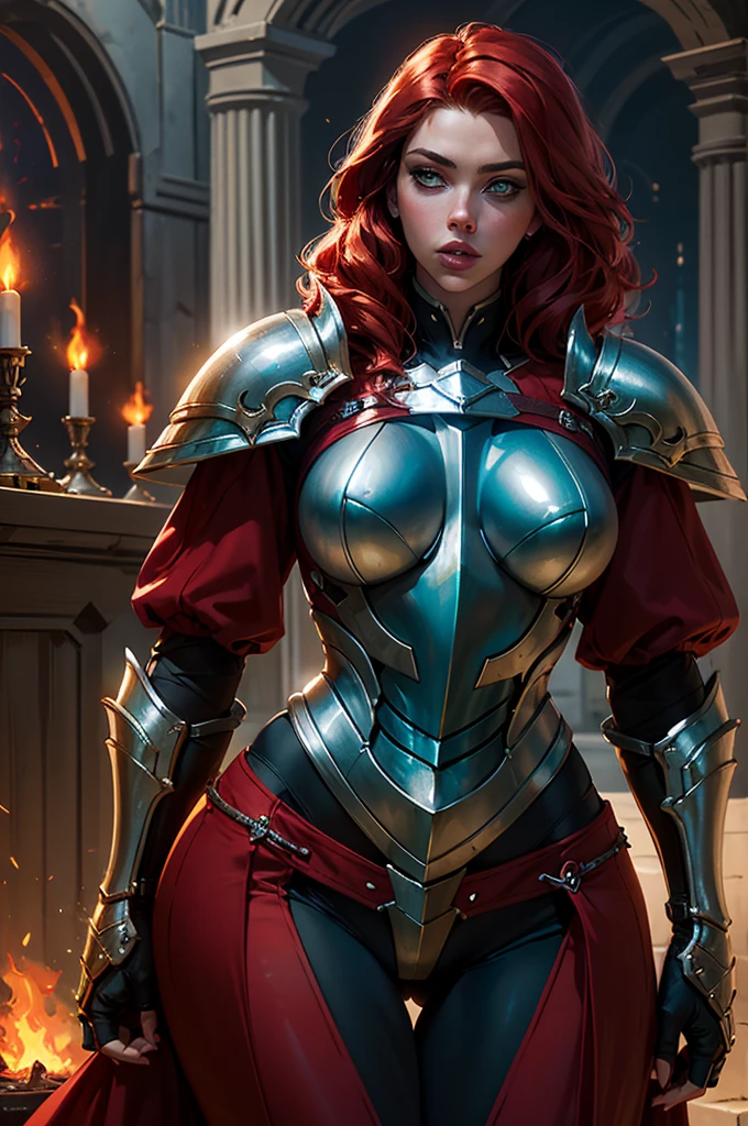 scarlett johansson, beautiful milf, red hair, green eyes, seductive face, hourglass figure, large breasts, big hips, paladin, red armor, flame, fantasy theme, masterpiece, best quality, ultra detailed, realistic