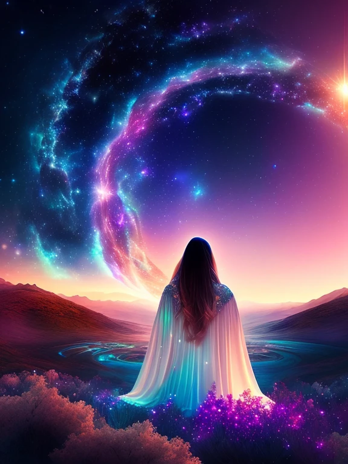 The Cosmic Echoes, Quiet Moments, Quiet Dawn, Journey Into Space, Mystical Dreamer, Inner Beauty, Starlight and You, Space Princess, Floating Through Space, ((masterpiece, best quality, digital imaging, high resolution photography))