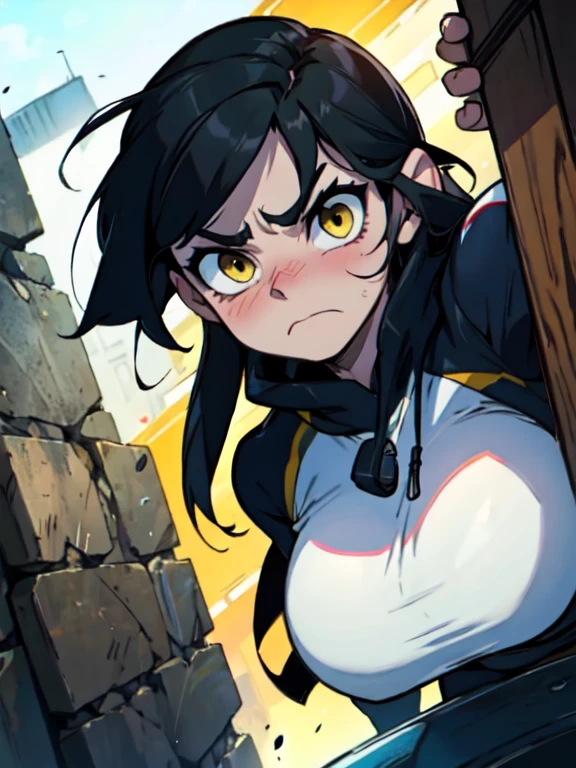 athletic build massive breasts pale skin black hair yellow eyes sad frown long hair