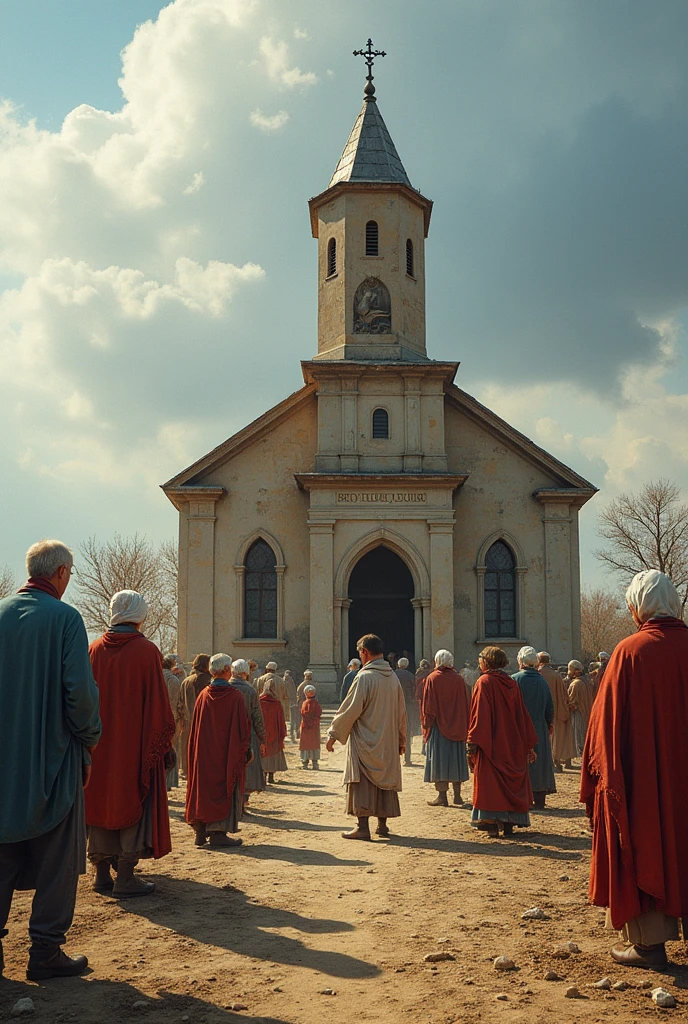 OLD AND YOUNG PEOPLE CONSTRUCTING A CHURCH