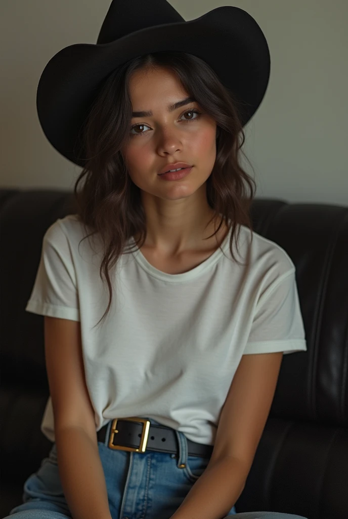 1 girl,Alone,Best Quality, masterpiece, 8k,raw Photo, Photo (object), extremely detailed, raw,realist,Session, looking at the viewer,Cowboys,White T-shirt,by the wide,black fur, sofa,