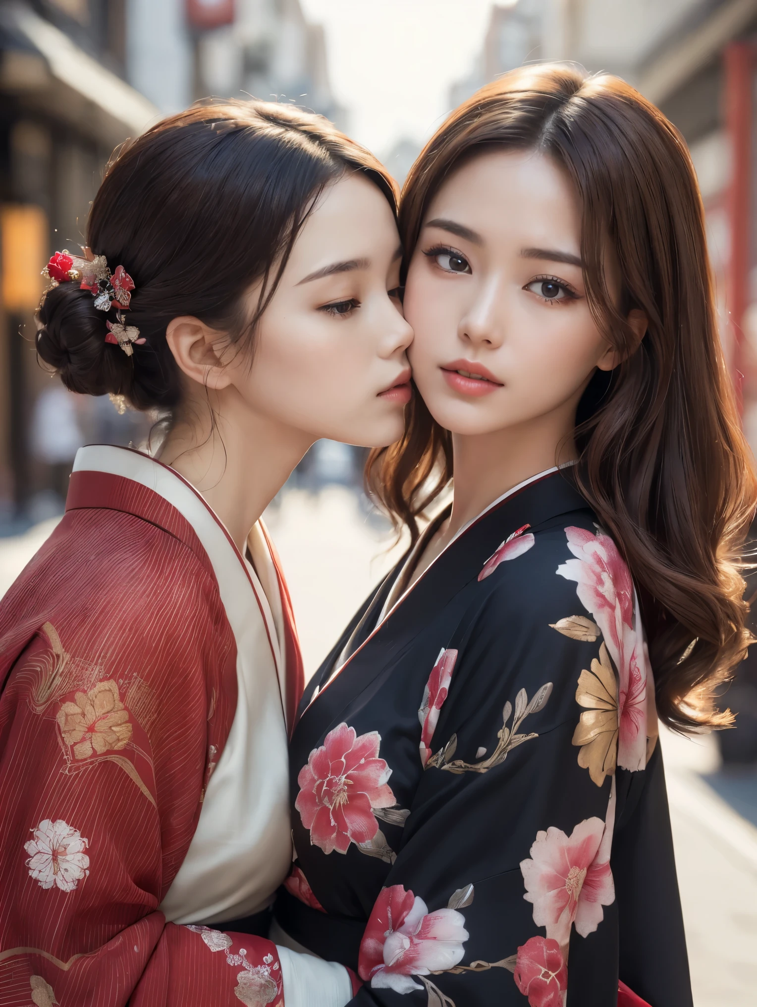 ((highest quality, 8K, masterpiece: 1.3)), sharp focus: 1.2, two beautiful women with perfect style: sexy red kimono, women are deeply in love with each other, kiss, (dark brown hair, big: 1.2)), (Natural light, city street: 1.1), Highly detailed face and skin texture, fine eyes, double eyelid, close your eyes and ask for a kiss,