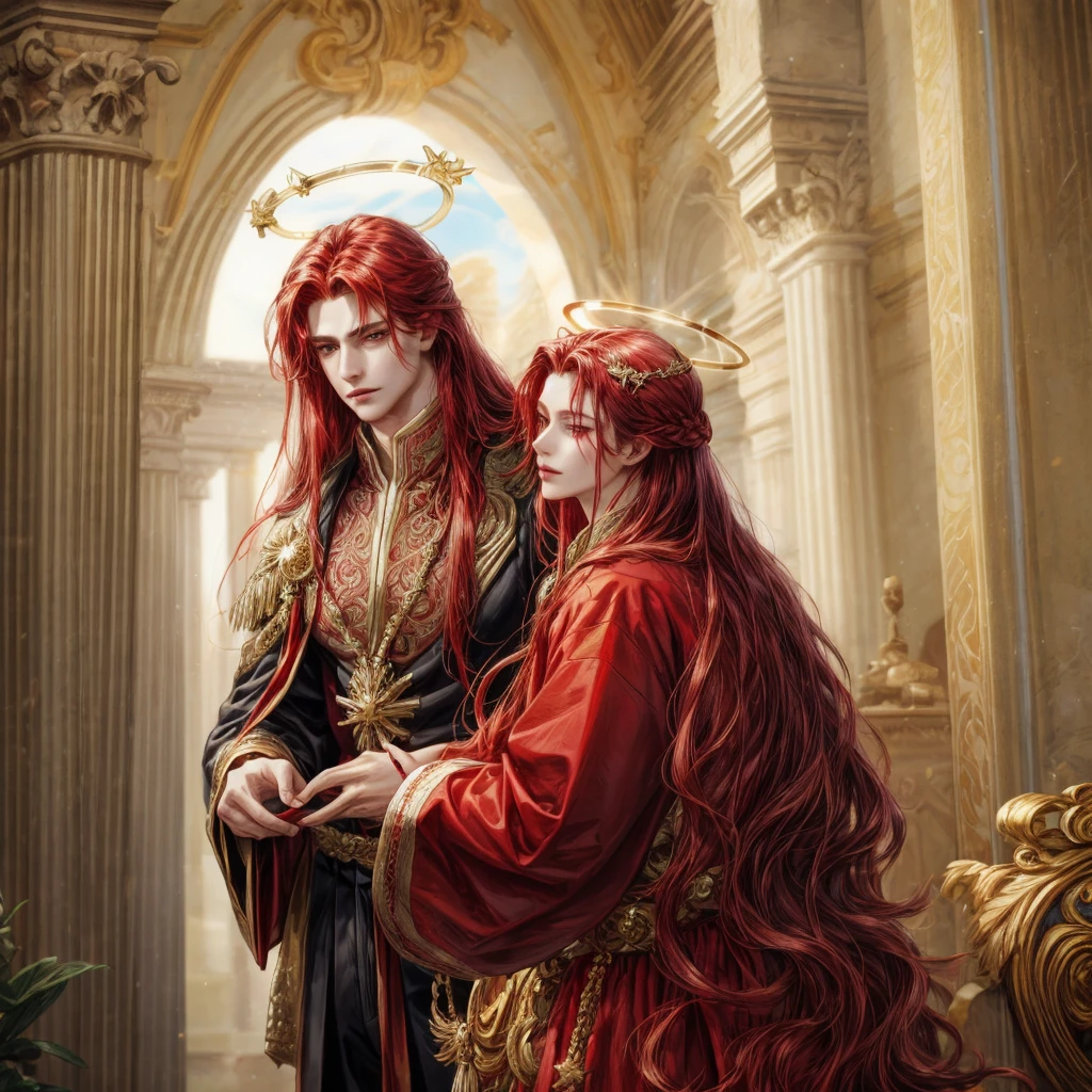 A man with red long hair and gold eyes, wear an ancient clothes and have a red string, wear a halo, holding a star