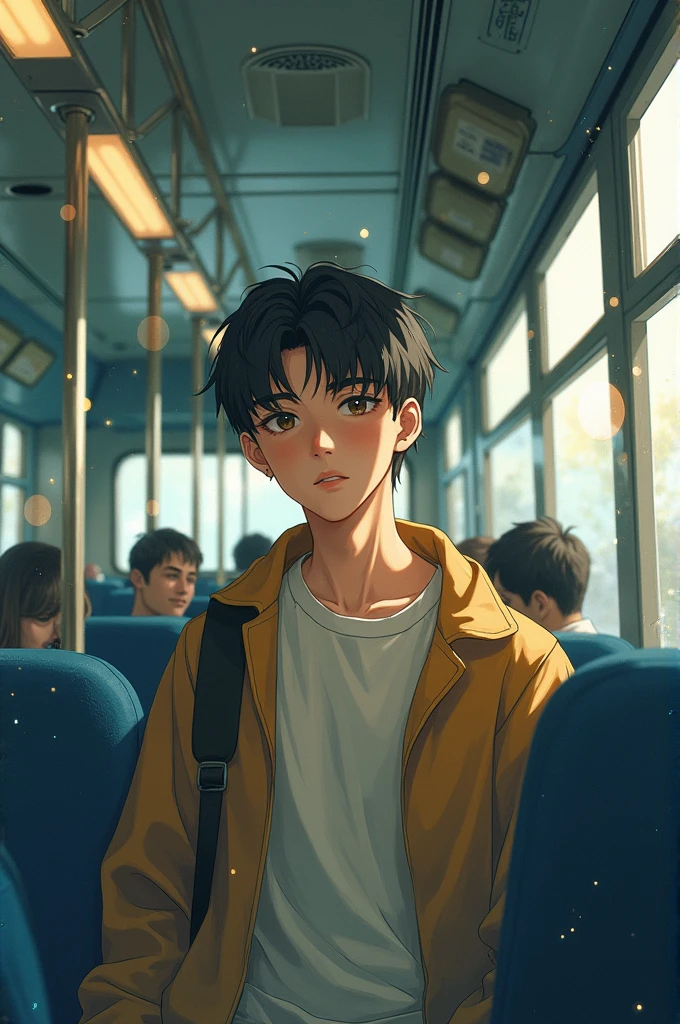 I want an image of a young man traveling on a bus I want the image of the following description traditional anime impressionist painting Japanese handmade design. Ghibli Studio Style