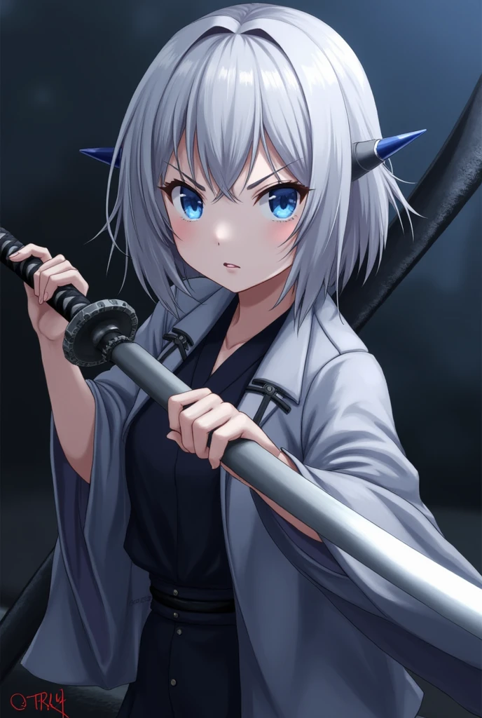 Determined anime girl, blue eyes, short silver hair, wielding a katana, dark fantasy setting.