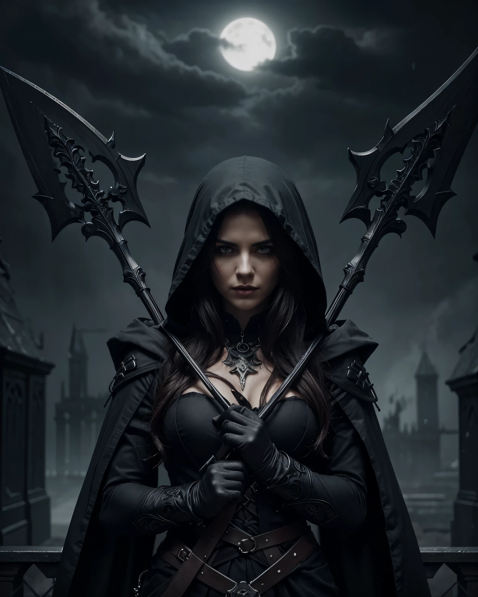a female grimm reaper warrior, dark hooded robe, scythe weapon, gothic fantasy, intricate details, dark moody lighting, dramatic pose, intense glowing eyes, detailed facial features, long flowing hair, dark shadowy background, photorealistic, 8k, highly detailed, cinematic, dramatic lighting, dramatic atmosphere, striking pose