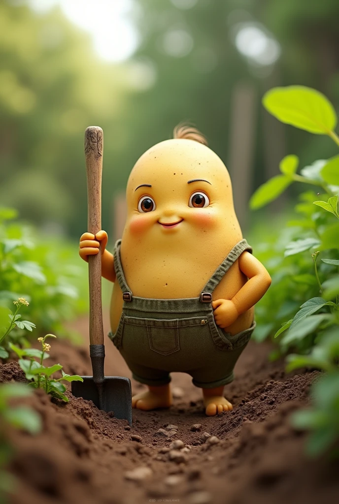 A cute potato character is working with a hoe。