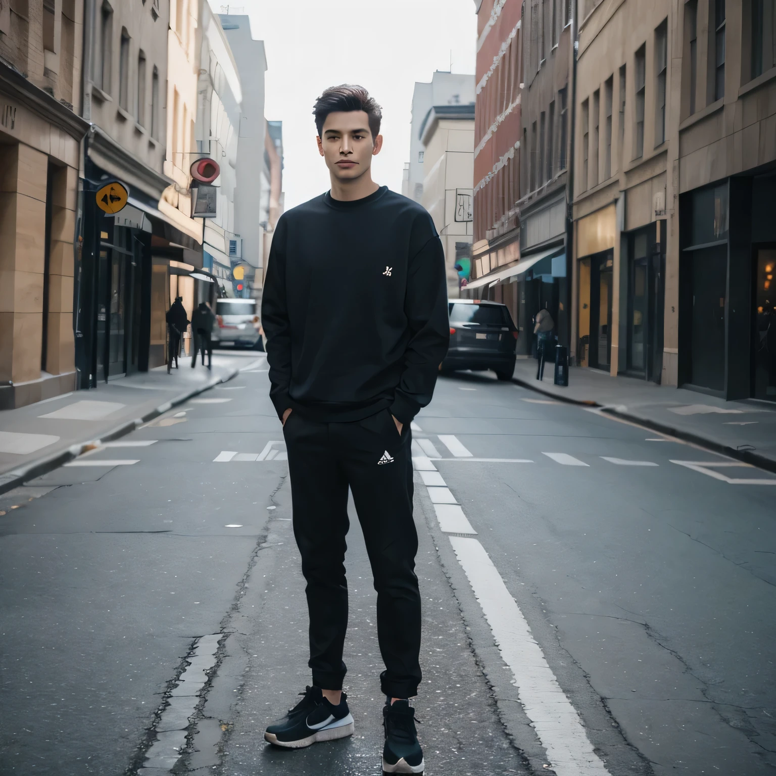 Arafed man standing on the street in a black sweatshirt and black pants ...