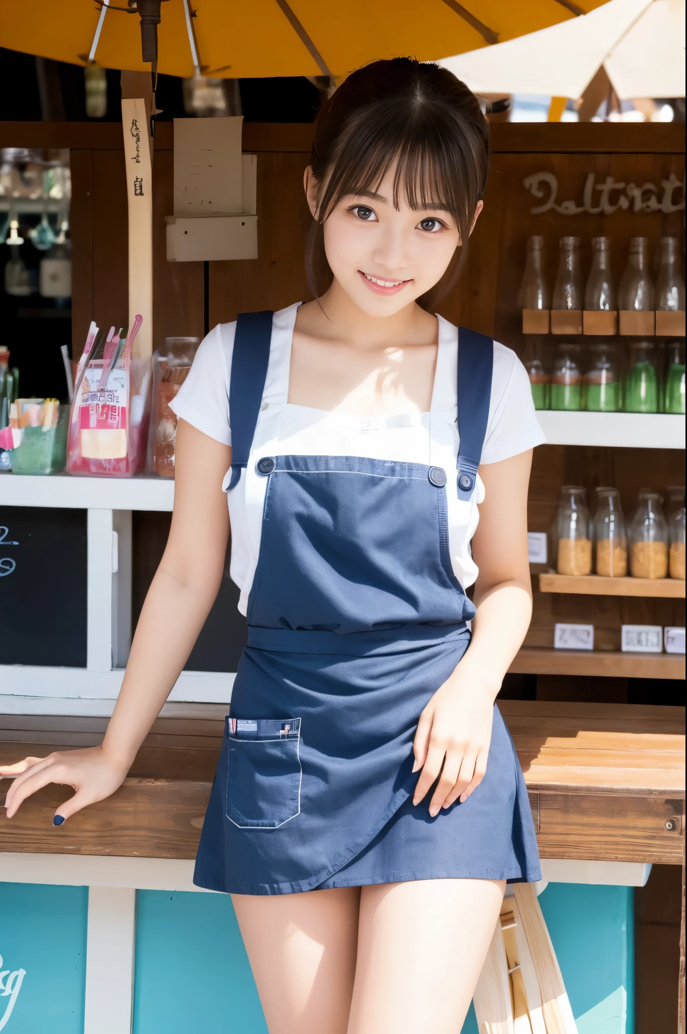 21 years old girl (Japanese cute face) is wearing very short mini skirt and apron and working at the coffee cafe with sunflowers