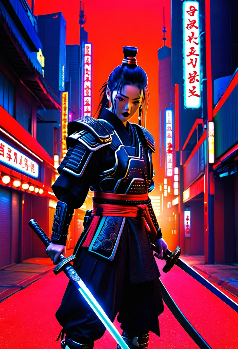 a high-quality digital illustration of "The Warlord," cyberpunk samurai warrior, Red Desert Geisha, Scary Garry, futuristic, neon lights, dystopian cityscape, robotic elements, fierce, mysterious, glowing eyes, katana sword, traditional Japanese attire with a modern twist, cybernetic enhancements, dynamic pose, cinematic, dramatic lighting, high detail, concept art, 4k