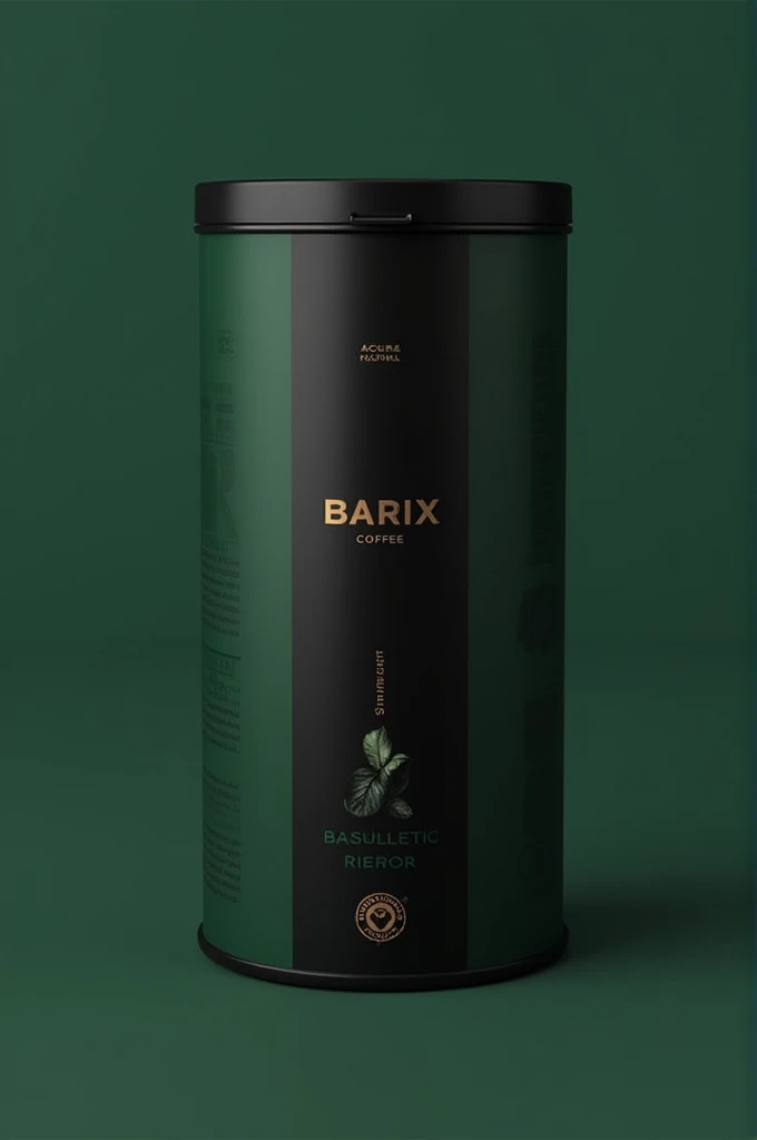 I want a new and special packaging for coffee in the shape of a black cylinder and a very dark green color with the Barix brand.
