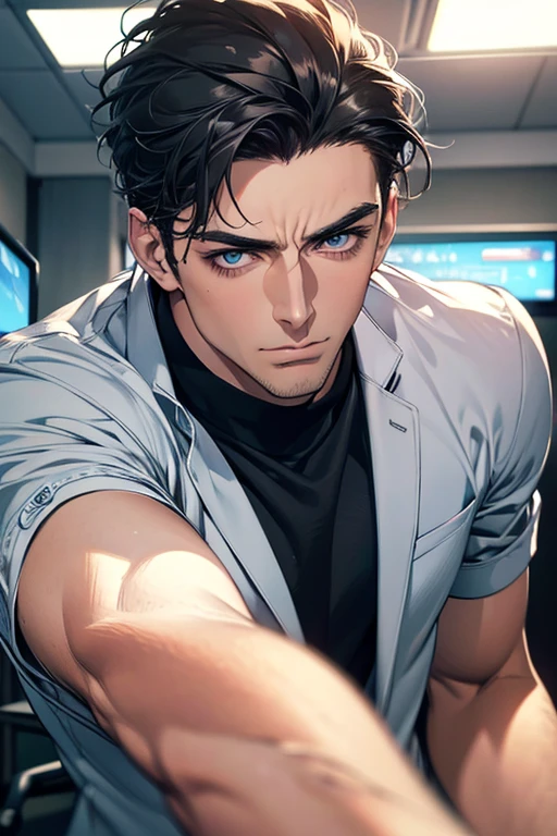 (Best Quality,4k,8k,high resolution,Masterpiece:1.2),ultra detailed,(realist,photorealist,photo-realist:1.37),1 man,31 years,mature man,very handsome,without expresion,muscled body,short gray black hair,Blue eyes,glare,perfect face without mistakes,imposing posture,businessman,office background,cinematic lighting,imagen HDR