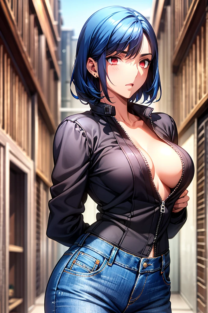 Masterpiece,Highest quality,8k,Ultra-high resolution,appropriate margins,Perfect hands,Perfect Fingers,Perfect human body,Perfect Eyes,((Cowboy Shot)),BREAK,Bright expression,(1 person),(The most beautiful mature women),Slim body,((Big Breasts)),Moisturized Skin,Fair skin,BREAK,(Sky blue hair),short hair,Thin eyebrows,BREAK,Red eyes,Light in the eyes,BREAK,Open your mouth a little,BREAK,((Hitman)),((Jacket,shirt,jeans)),BREAK,Cool expression,arms