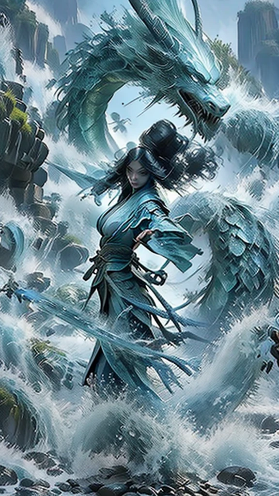 On the mountain coast,A beautiful dragon girl,long hair shawl,Big breasts,Wearing Immortal Clothes,Sword,Perform sword dance alone